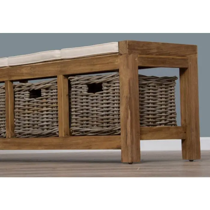Reclaimed Teak Hall Seat with Natural Cushion - Four Basket - 4