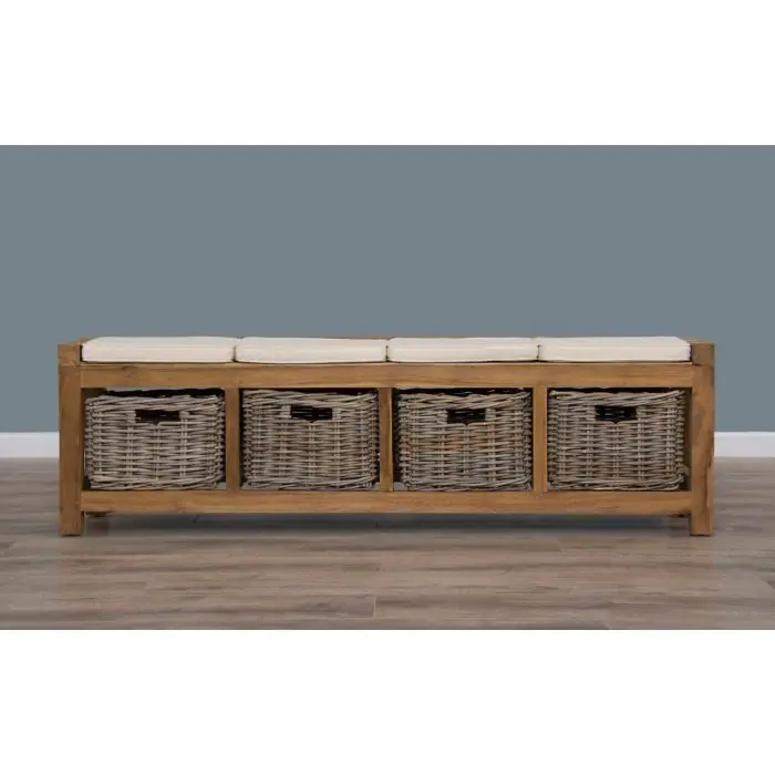 Reclaimed Teak Hall Seat with Natural Cushion - Four Basket - 1
