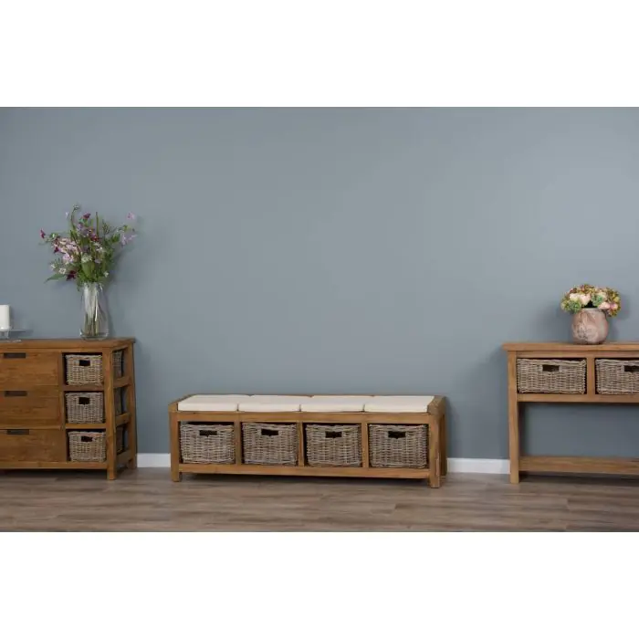 Reclaimed Teak Hall Seat with Natural Cushion - Four Basket - 3