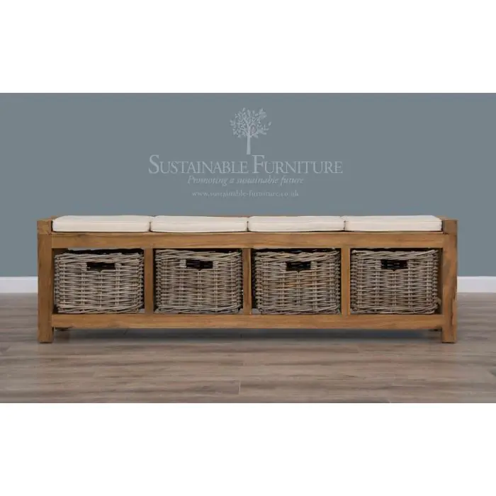 Reclaimed Teak Hall Seat with Natural Cushion - Four Basket - 5