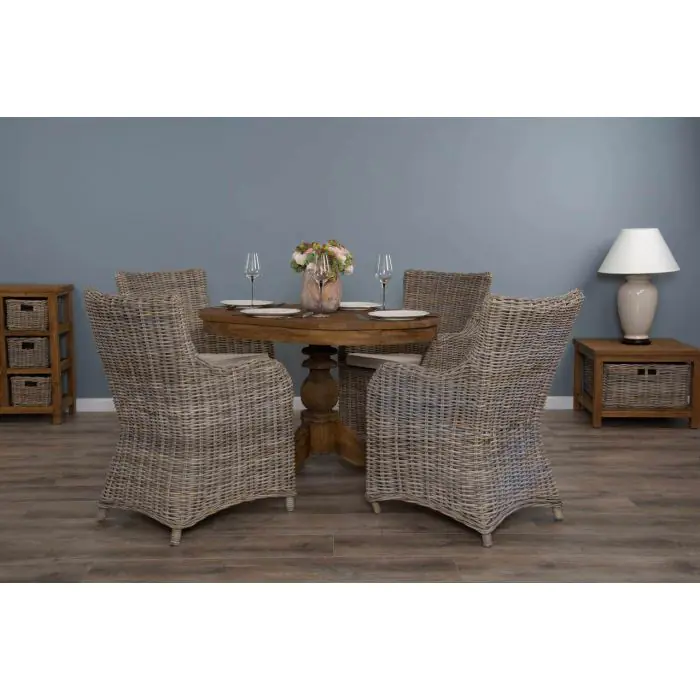 1.2m Reclaimed Teak Oval Pedestal Dining Table with 4 Donna Armchairs  - 1