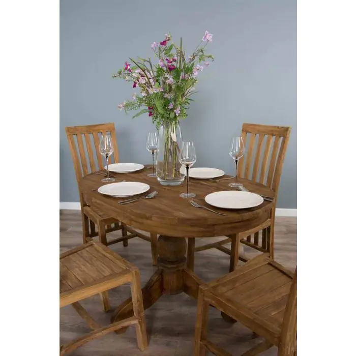 1.2m Reclaimed Teak Oval Pedestal Dining Table with 4 Santos Dining Chairs - 2