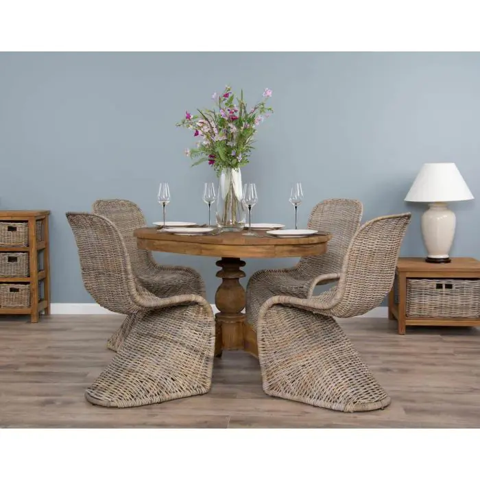 1.2m Reclaimed Teak Oval Pedestal Dining Table with 4 Stackable Zorro Chairs - 1