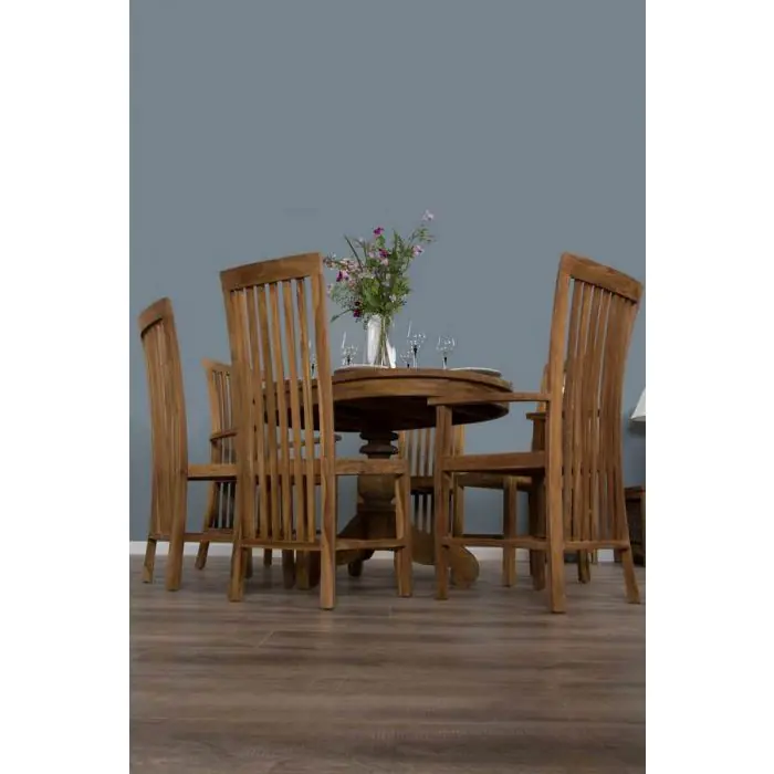 1.2m Reclaimed Teak Oval Pedestal Dining Table with 4 Santos Dining Chairs & 2 Santos Armchairs - 1