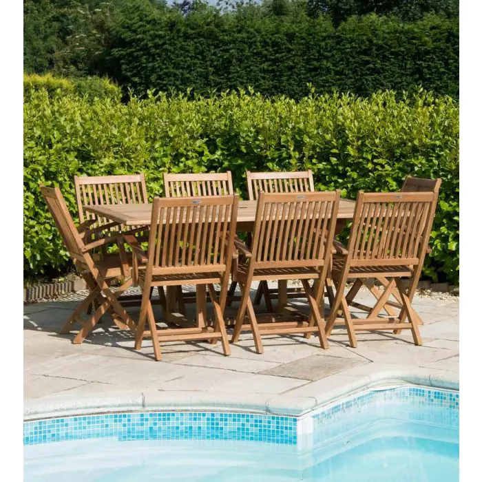 1m x 1.8m - 2.4m Teak Rectangular Extending Table with 8 Kiffa Folding Armchairs - 3
