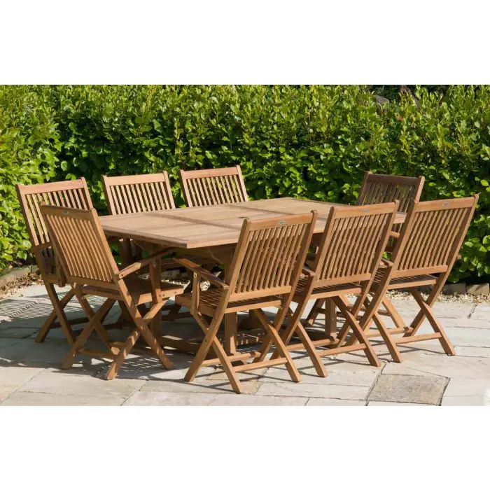 1m x 1.8m - 2.4m Teak Rectangular Extending Table with 8 Kiffa Folding Armchairs - 1