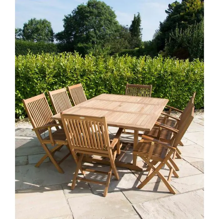 1m x 1.8m - 2.4m Teak Rectangular Extending Table with 8 Kiffa Folding Armchairs - 2