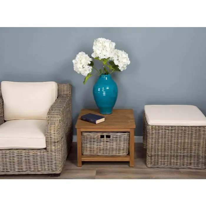 Reclaimed Teak Coffee Table with Natural Wicker Storage Basket - 1