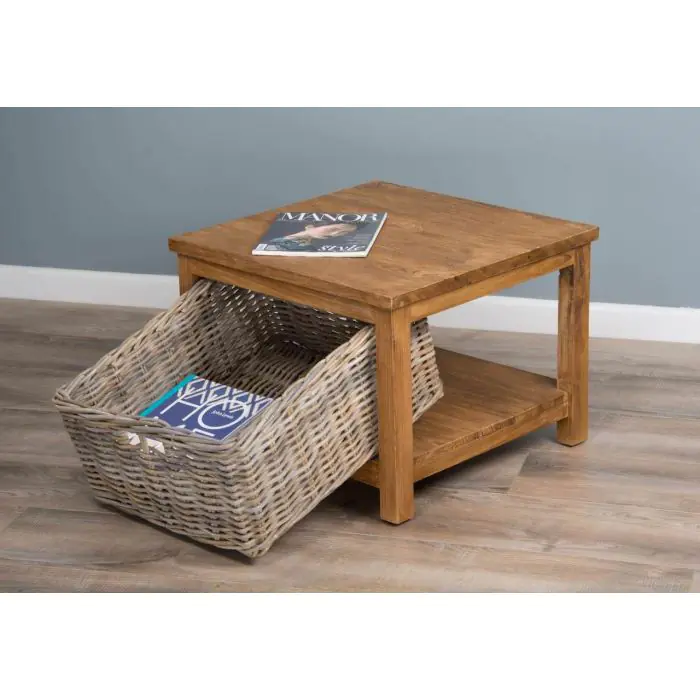 Reclaimed Teak Coffee Table with Natural Wicker Storage Basket - 3