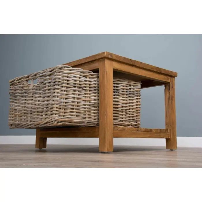 Reclaimed Teak Coffee Table with Natural Wicker Storage Basket - 4