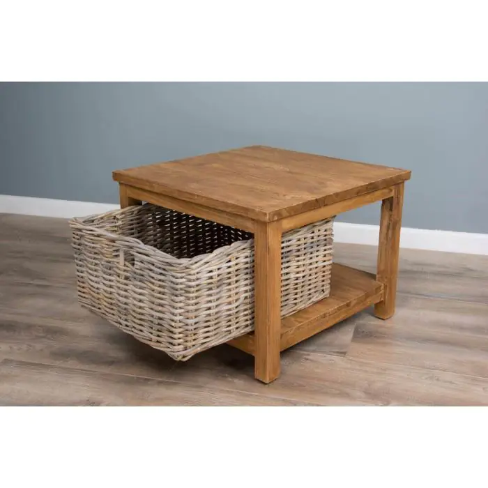Reclaimed Teak Coffee Table with Natural Wicker Storage Basket - 2