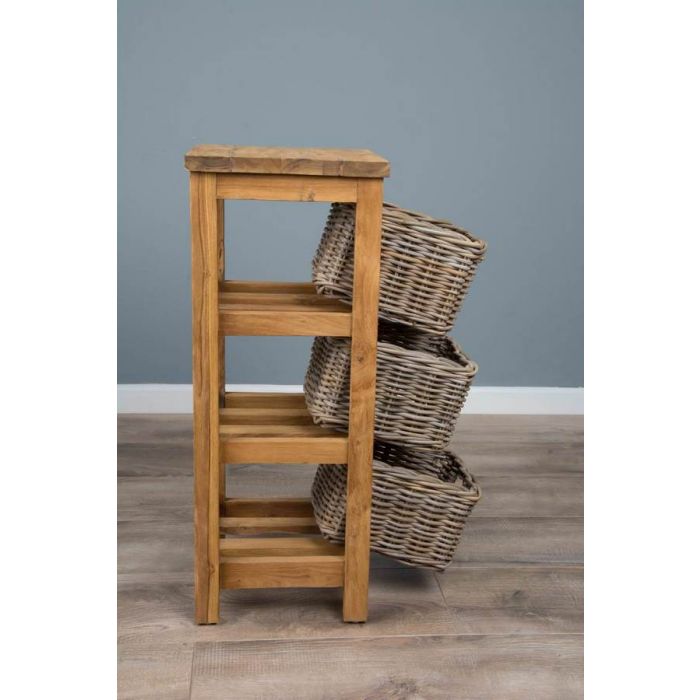 Reclaimed Teak Storage Unit with 3 Natural Wicker Baskets Sustainable
