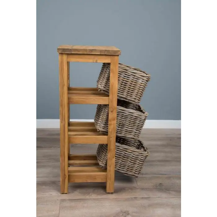 Reclaimed Teak Storage Unit with 3 Natural Wicker Baskets - 2