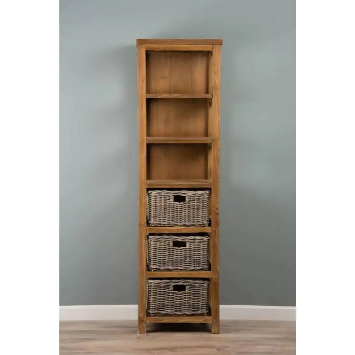 Reclaimed Teak Storage Unit with 3 Shelves plus 3 Natural Wicker Basket - 0