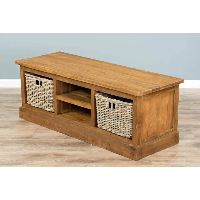 Reclaimed Teak Natural TV Unit with 2 Wicker Drawers - 3