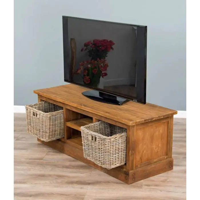 Reclaimed Teak Natural TV Unit with 2 Wicker Drawers - 1