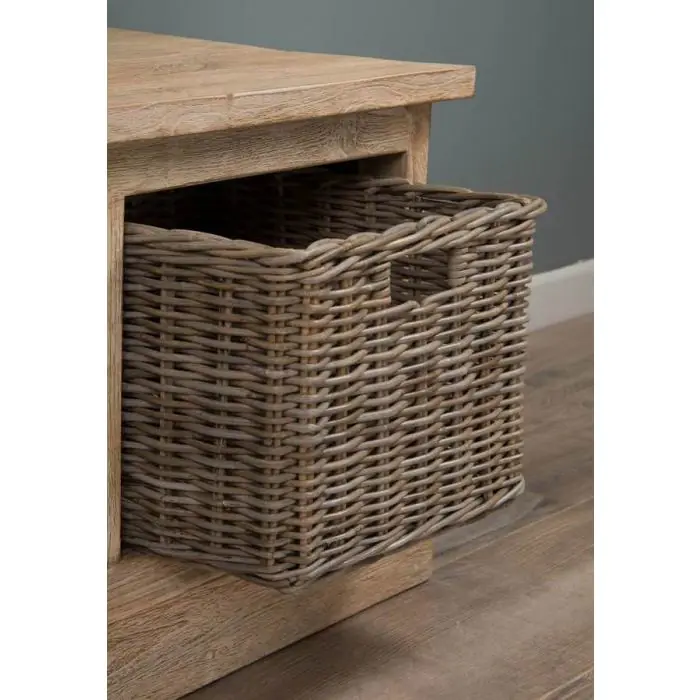 Reclaimed Teak Whitewash TV Unit with 2 Wicker Drawers - 4