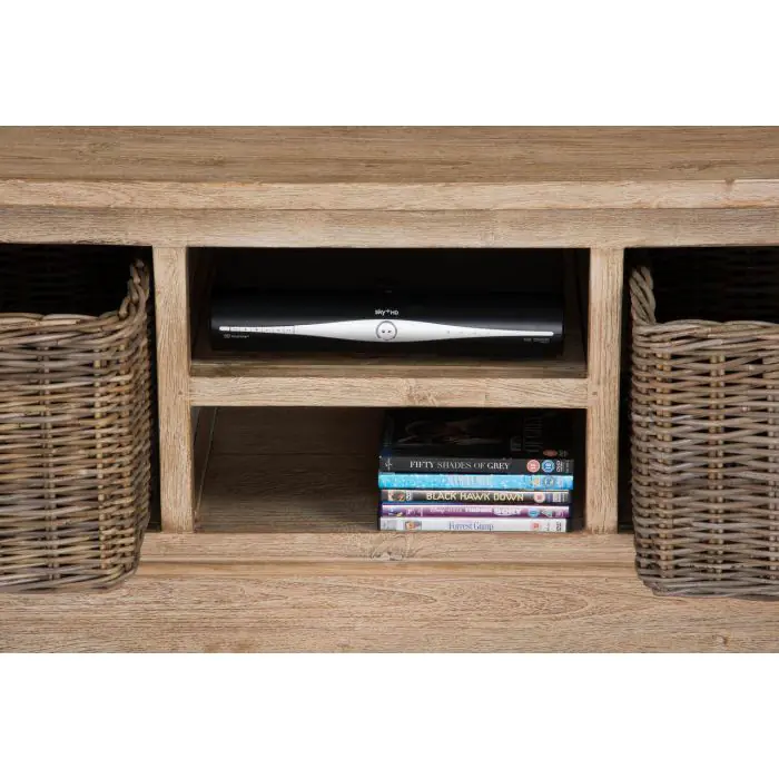 Reclaimed Teak Whitewash TV Unit with 2 Wicker Drawers - 3