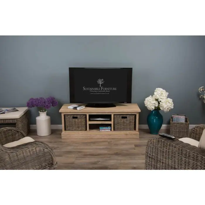 Reclaimed Teak Whitewash TV Unit with 2 Wicker Drawers - 5
