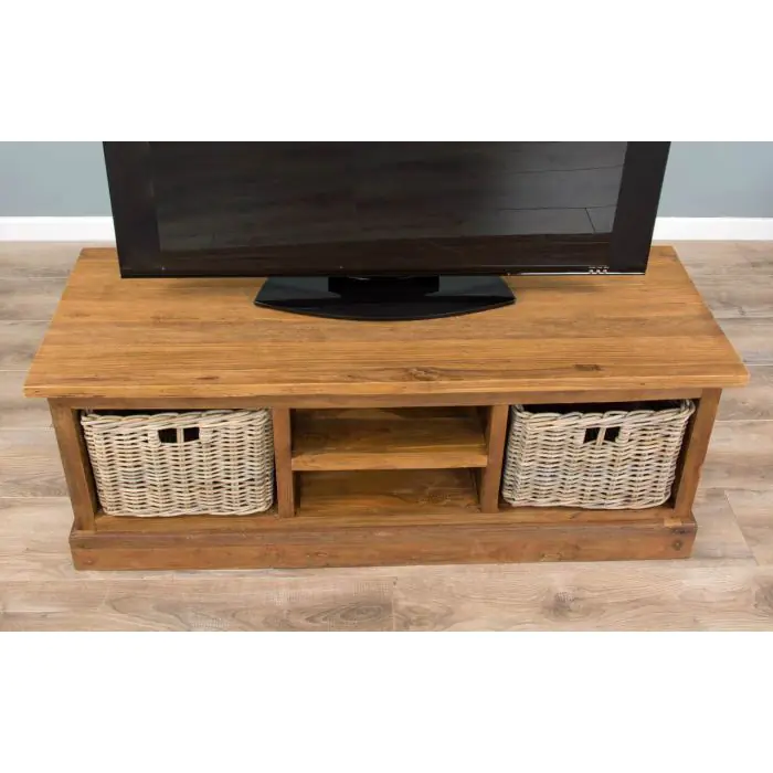 Reclaimed Teak Natural TV Unit with 2 Wicker Drawers - 4