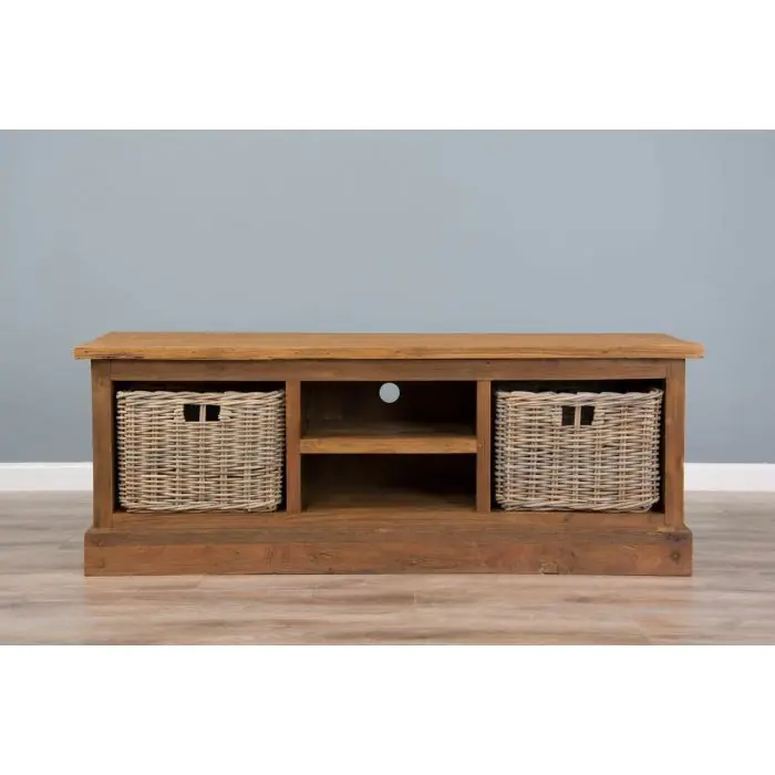 Reclaimed Teak Natural TV Unit with 2 Wicker Drawers - 7