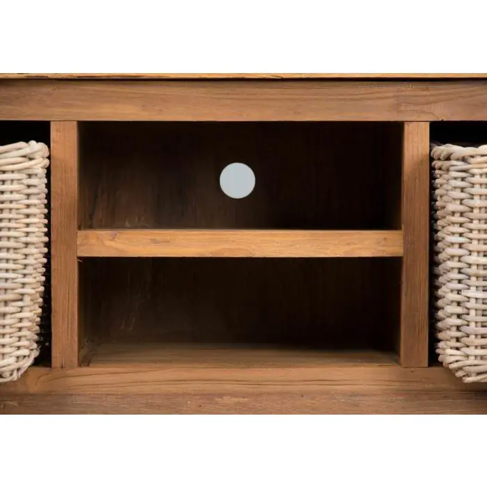 Reclaimed Teak Natural TV Unit with 2 Wicker Drawers - 9