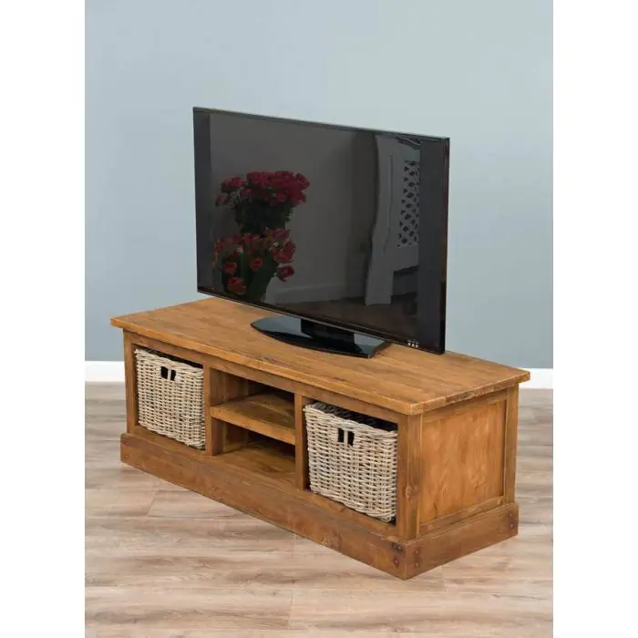 Reclaimed Teak Natural TV Unit with 2 Wicker Drawers - 8