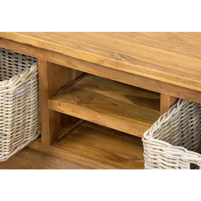 Reclaimed Teak Natural TV Unit with 2 Wicker Drawers - 2