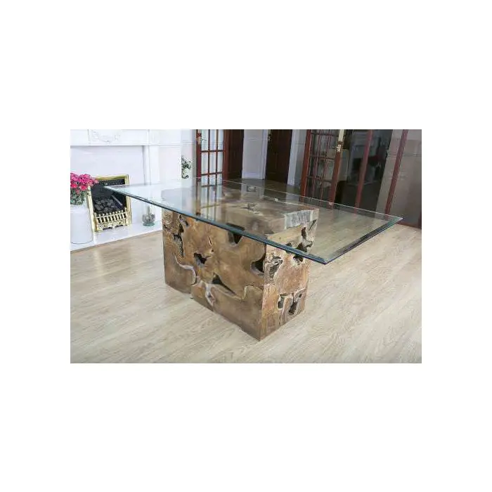 1.8m Reclaimed Teak Root Rectangular Block Dining Table with 8 Stackable Zorro Chairs - 1