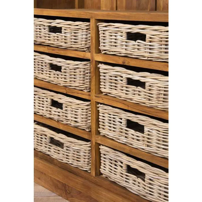 Reclaimed Teak Bookcase with 8 Natural Wicker Baskets - 5