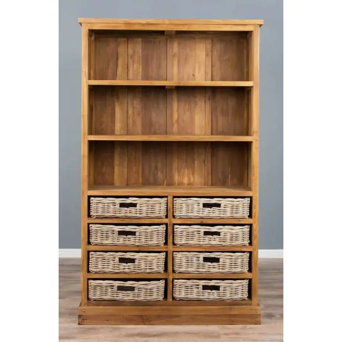 Reclaimed Teak Bookcase with 8 Natural Wicker Baskets - 4