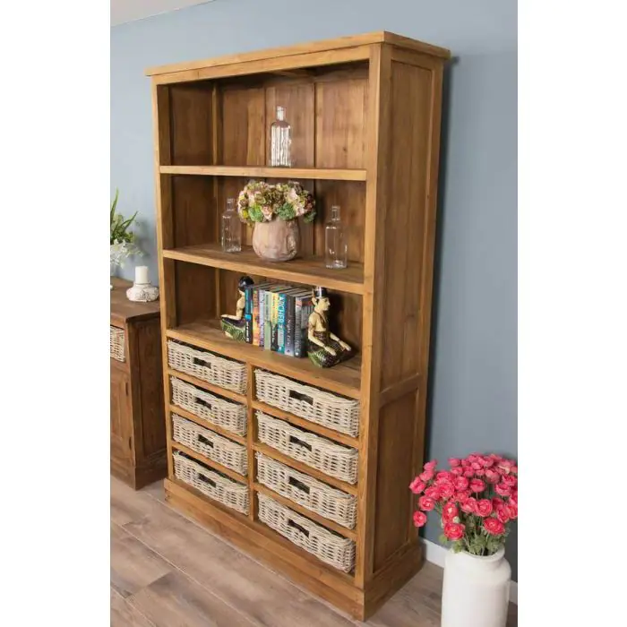 Reclaimed Teak Bookcase with 8 Natural Wicker Baskets - 2
