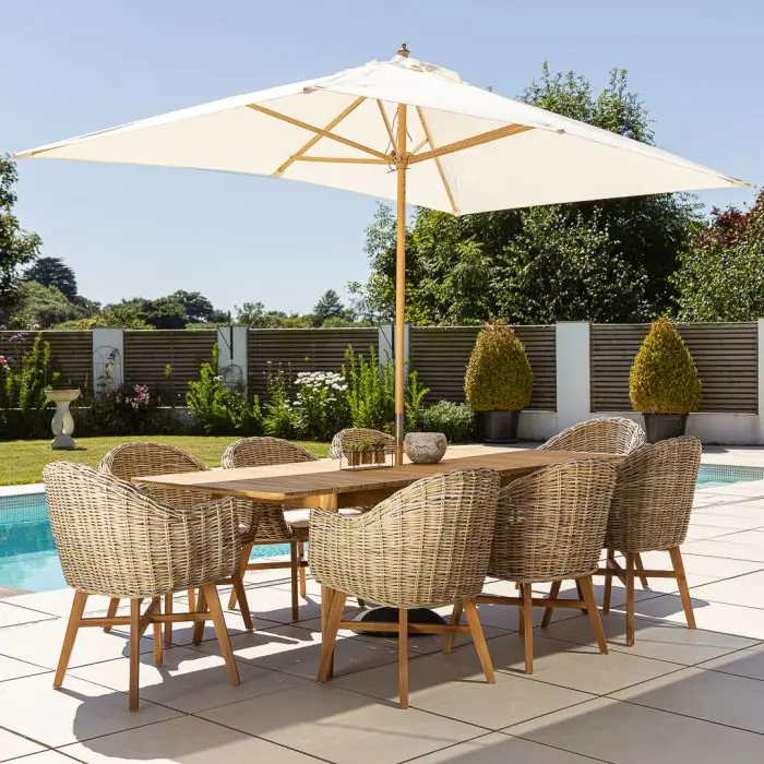 1m x 1.8m-2.3m Reclaimed Teak Extending Savannah Outdoor Dining Table With 6 or 8 Scandi Chairs  - 6
