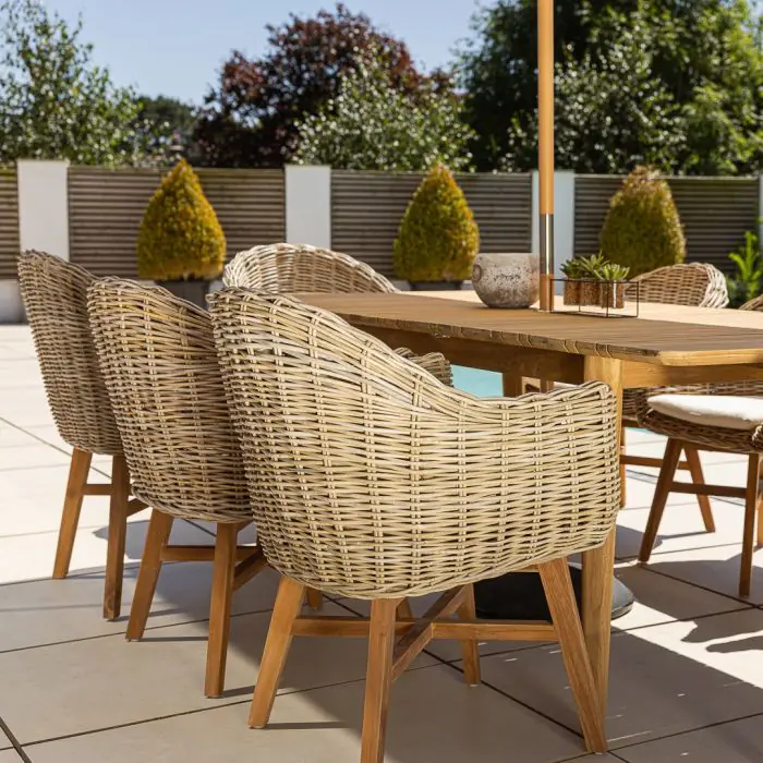 1m x 1.8m-2.3m Reclaimed Teak Extending Savannah Outdoor Dining Table With 6 or 8 Scandi Chairs  - 17