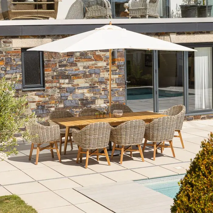 1m x 1.8m-2.3m Reclaimed Teak Extending Savannah Outdoor Dining Table With 6 or 8 Scandi Chairs  - 4