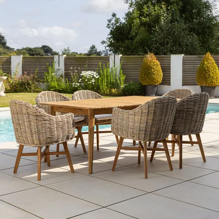 1m x 1.8m-2.3m Reclaimed Teak Extending Savannah Outdoor Dining Table With 6 or 8 Scandi Chairs  - 1