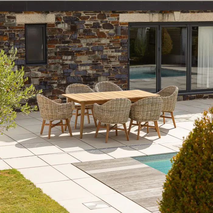 1m x 1.8m-2.3m Reclaimed Teak Extending Savannah Outdoor Dining Table With 6 or 8 Scandi Chairs  - 2