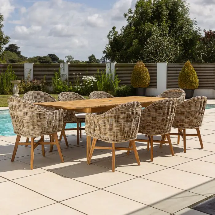 1m x 1.8m-2.3m Reclaimed Teak Extending Savannah Outdoor Dining Table With 6 or 8 Scandi Chairs  - 10