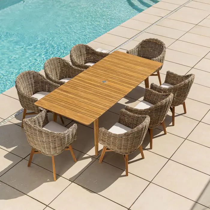 1m x 1.8m-2.3m Reclaimed Teak Extending Savannah Outdoor Dining Table With 6 or 8 Scandi Chairs  - 5