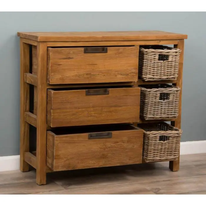 Reclaimed Teak 3 Drawer 3 Basket Storage Unit - 90cm - 1