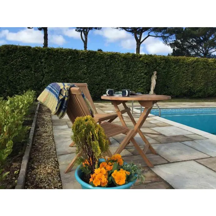 80cm Teak Circular Folding Table with 2 Classic Folding Chairs - 1