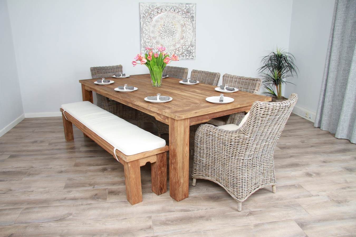 half pray Puno 2.4m Reclaimed Teak Taplock Dining Table with 5 Donna Chairs & 1 Backless  Bench - Sustainable Furniture