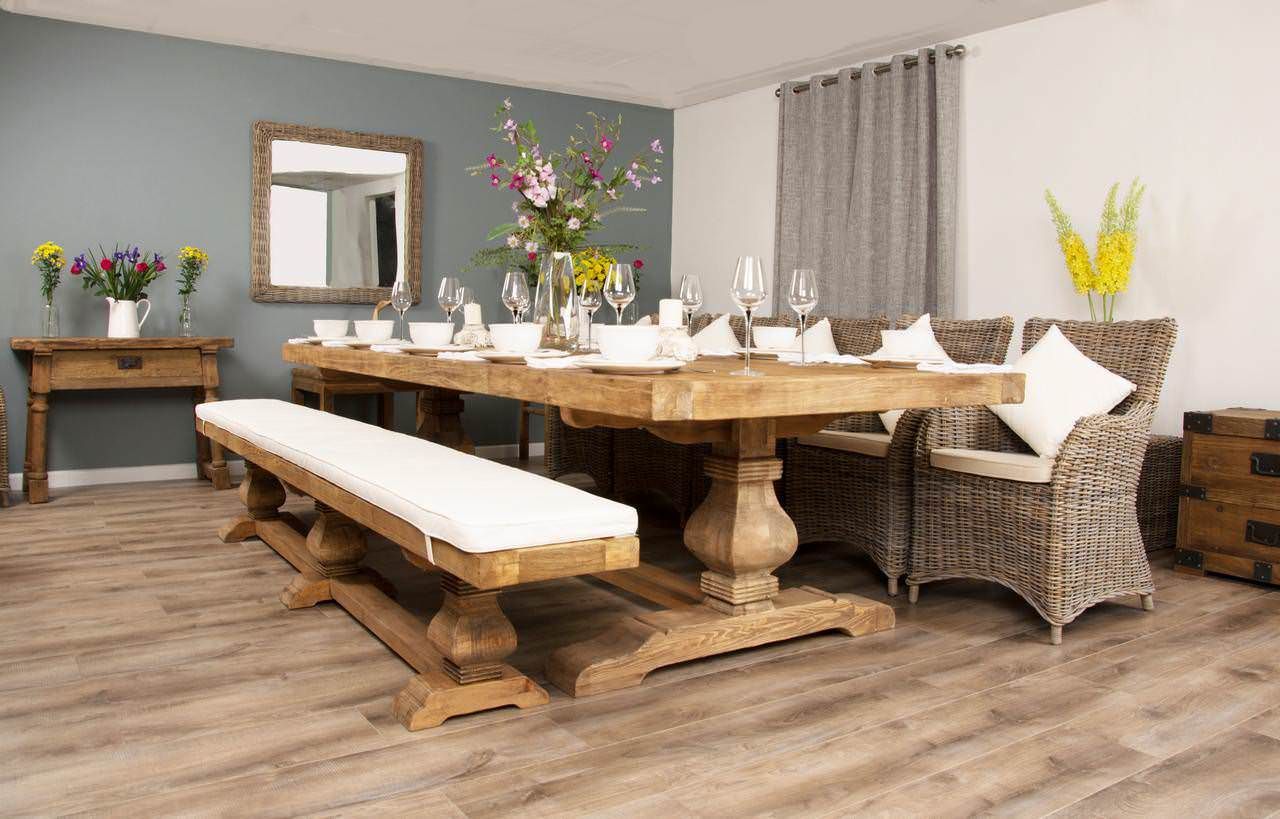 stall Match Seasoning 3m Reclaimed Elm Pedestal Dining Table with 5 Donna Armchairs and 1 Bench -  Sustainable Furniture