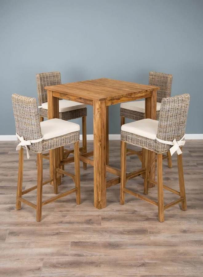 90cm Reclaimed Teak Square Bar Table, Teak Root Bar Table And Stools Set Up