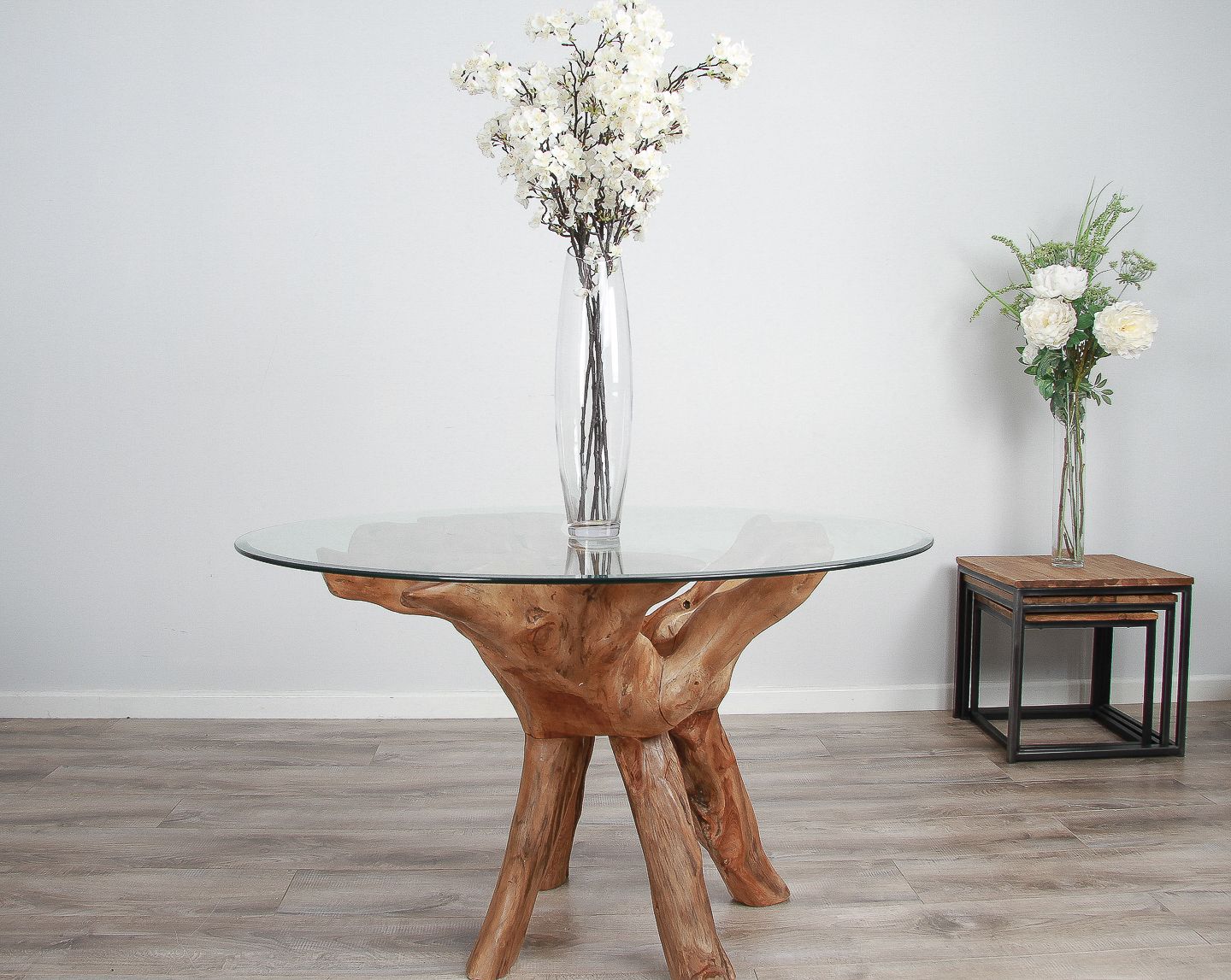 1.2m Reclaimed Teak Root Circular Dining Table with 4 or 6 Vikka Chairs