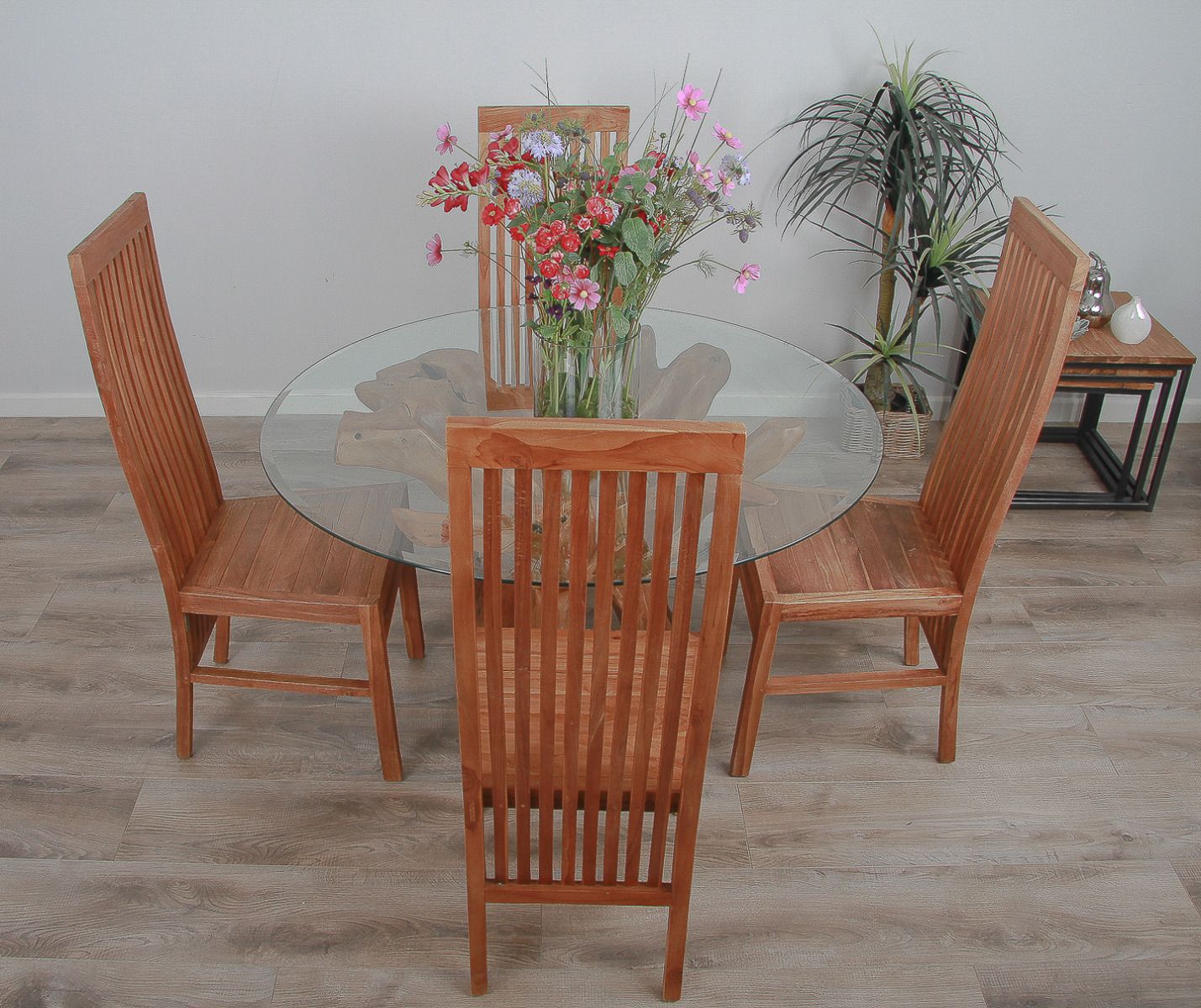 1.2m Reclaimed Teak Root Circular Dining Table with 4 or 6 Vikka Chairs