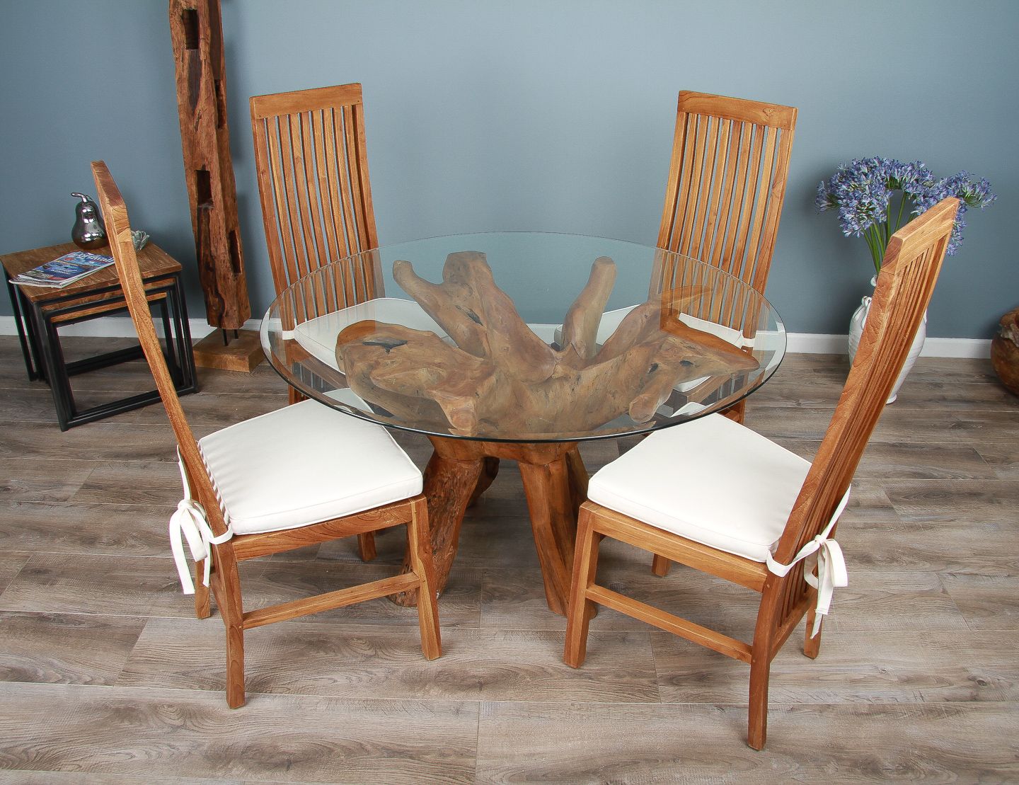 1.2m Reclaimed Teak Root Circular Dining Table with 4 or 6 Vikka Chairs