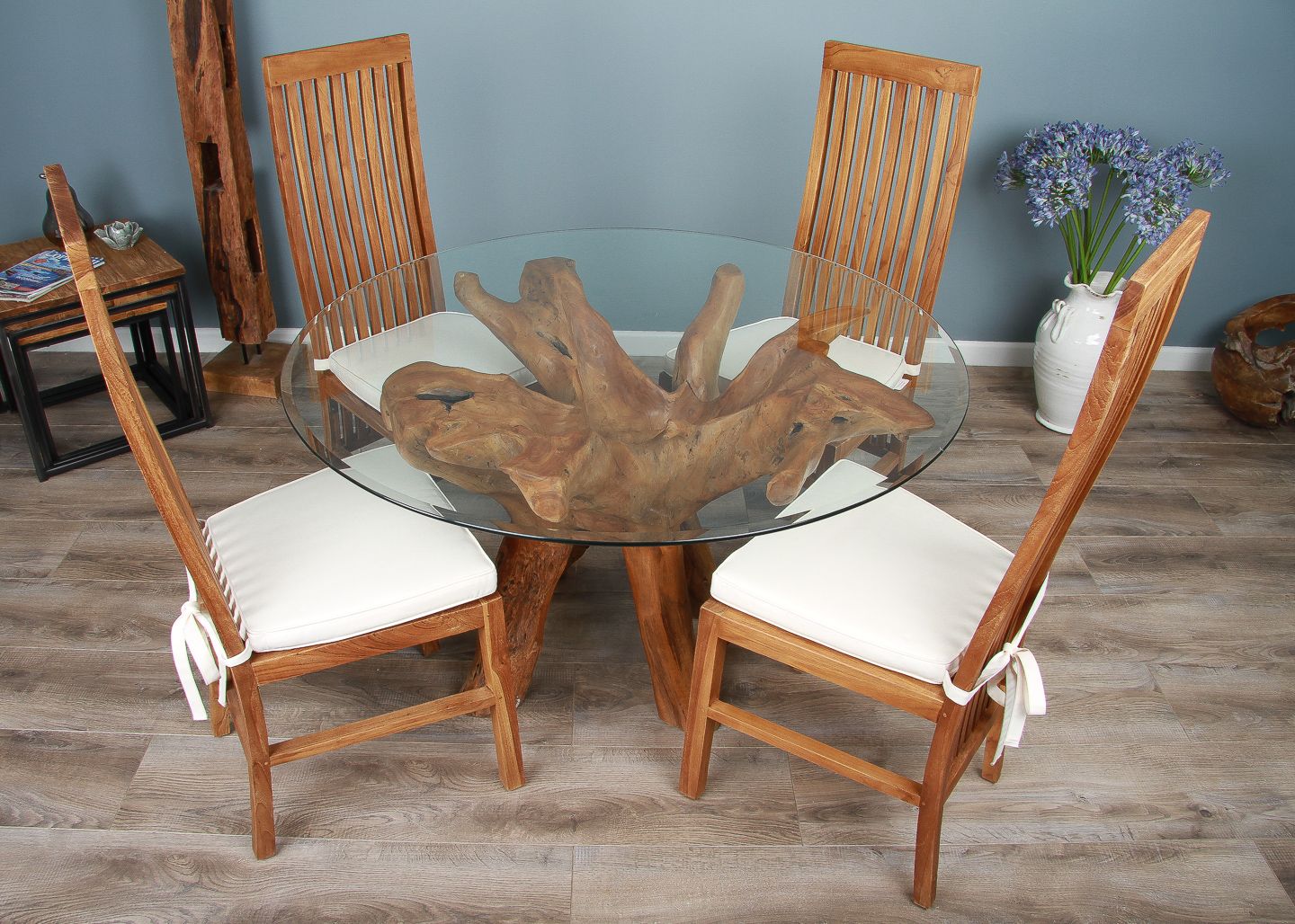 1.2m Reclaimed Teak Root Circular Dining Table with 4 or 6 Vikka Chairs