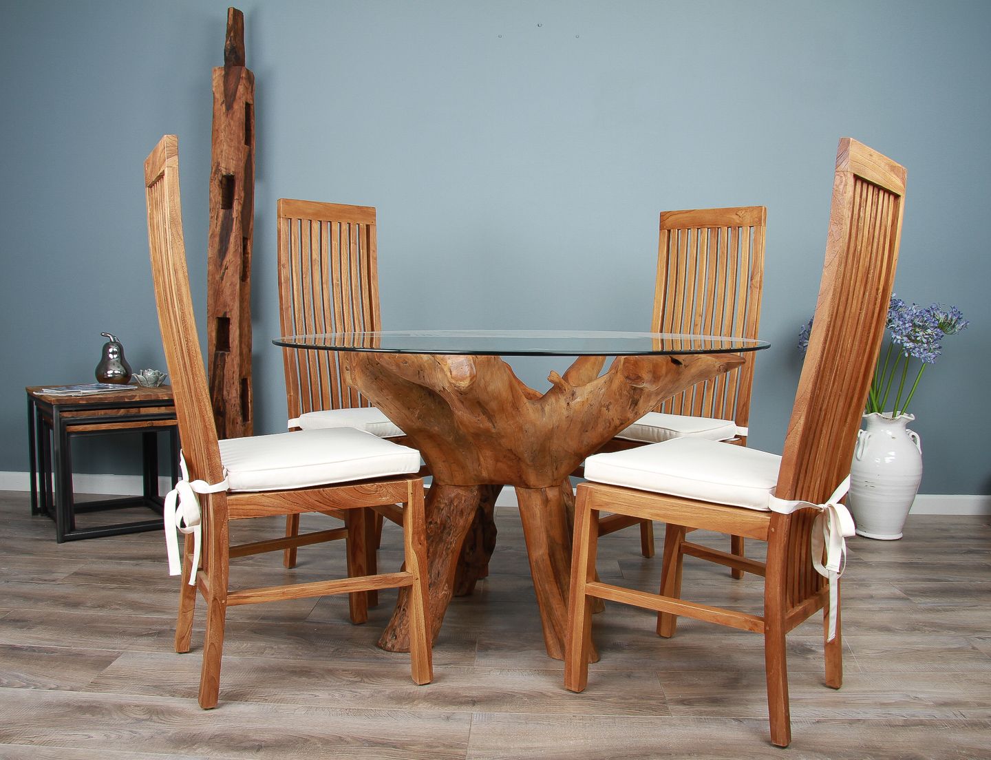 1.2m Reclaimed Teak Root Circular Dining Table with 4 or 6 Vikka Chairs