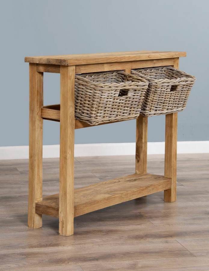 Reclaimed Teak 2 Drawer Hall Table with Shelf plus 2 Kubu Grey Natural Wicker Baskets